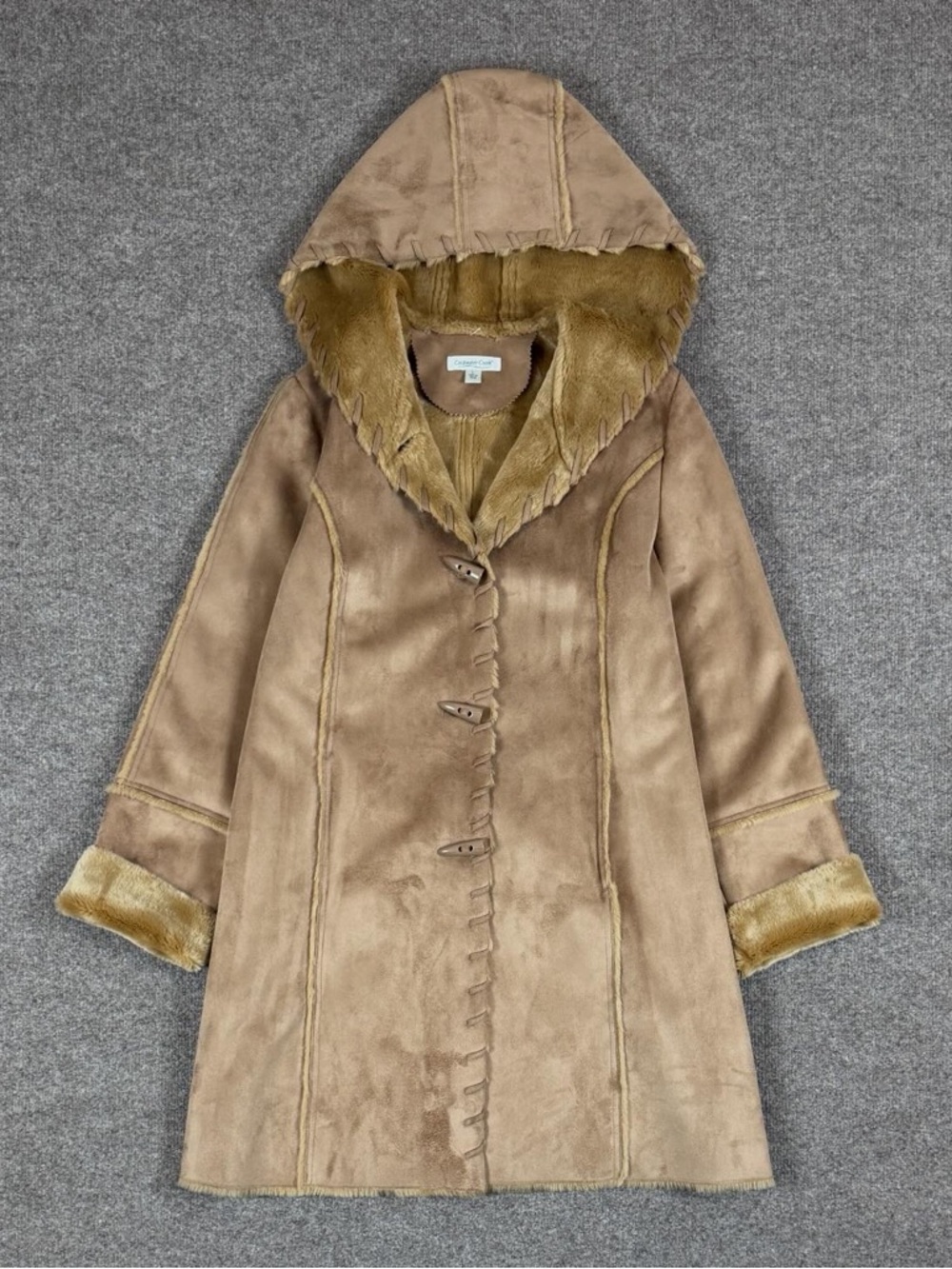 Y2K Tan Faux Suede Fur Lined Hooded Coat Women’s Large Mid Length Toggle Closure